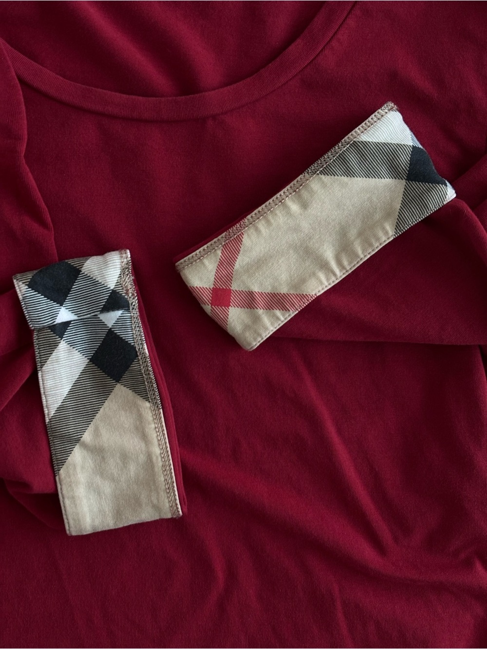 Burberry Women’s Deep Red Scoop Neck Top with Check Cuff Detail - Picture 4 of 4